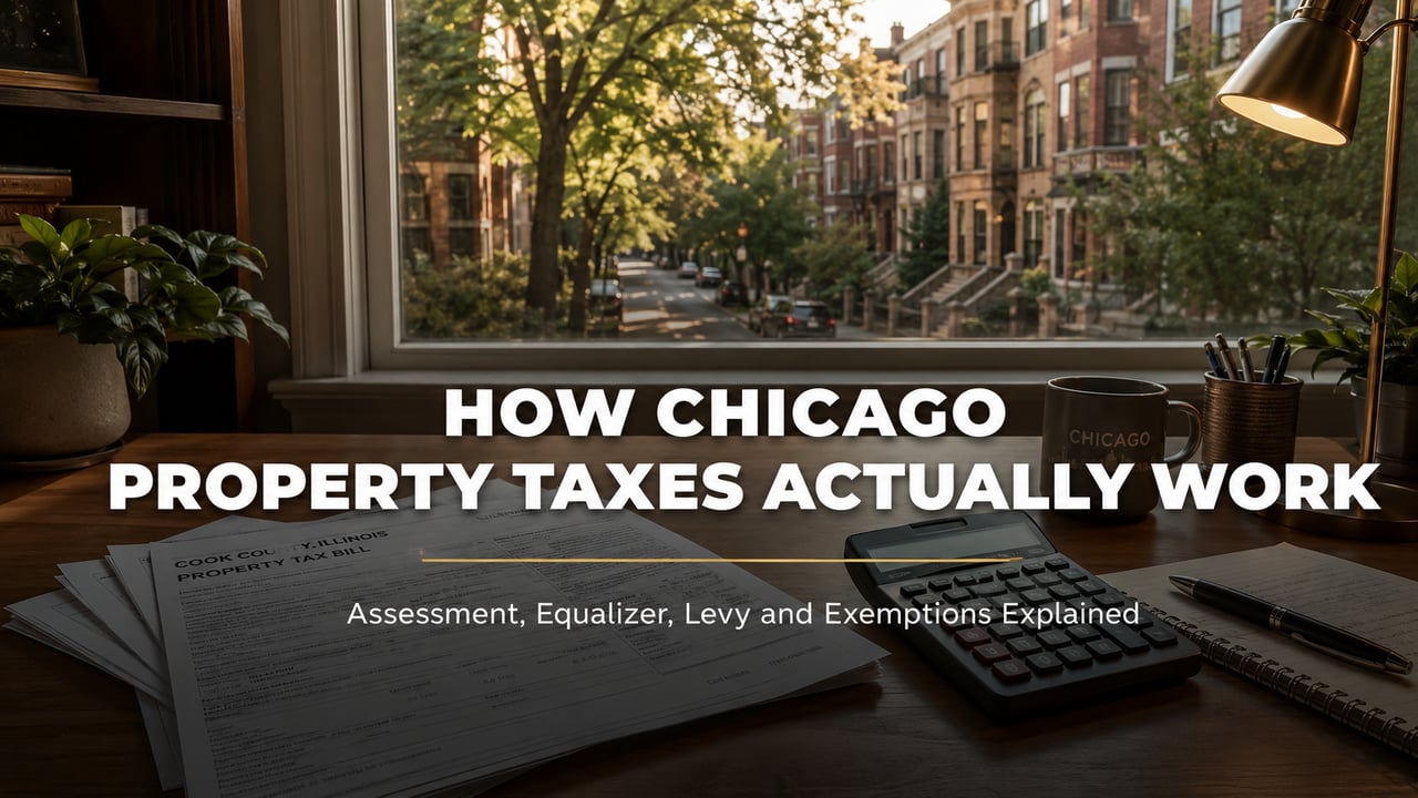 Cook County Illinois property tax documents on a desk with a Chicago neighborhood street visible through a window
