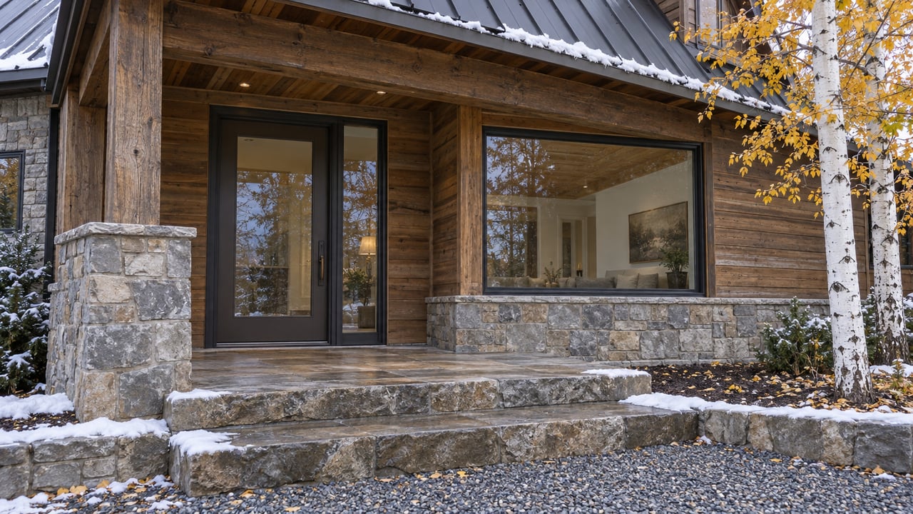 Timber-and-stone home entry with a covered porch, damp sandstone steps, fresh snow and a golden-leaved aspen.