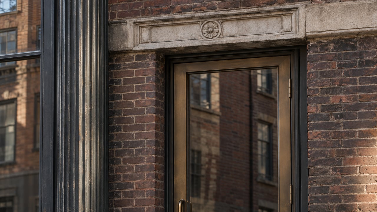 Narrow glazed doorway beside a fluted cast-iron pier in a weathered brick facade.