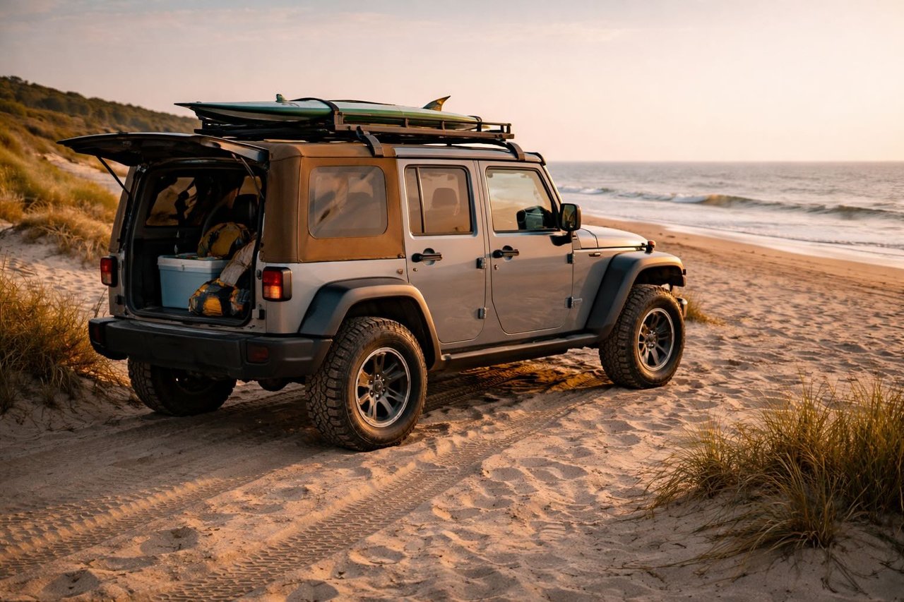Four wheel drive vehicle parked on a sandy beach near the ocean