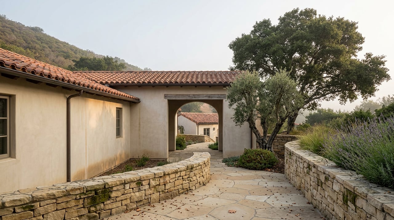 Hillside stucco house with arched breezeway revealing a detached tiled-roof building beyond a stone wall.