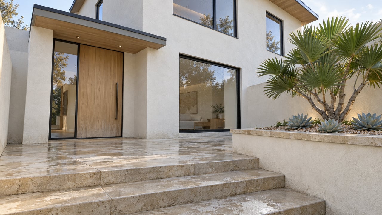 Warm-white modern home with oak entry door, black-framed windows and damp limestone steps beside a sculptural succulent planting bed.