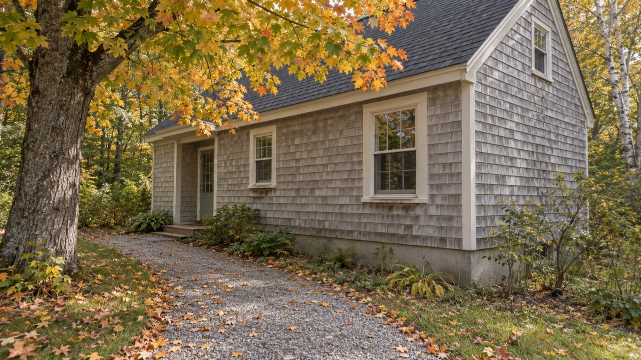 Weathered gray-shingle cottage beside a curving gravel path, with yellow-orange maple leaves scattered underfoot.