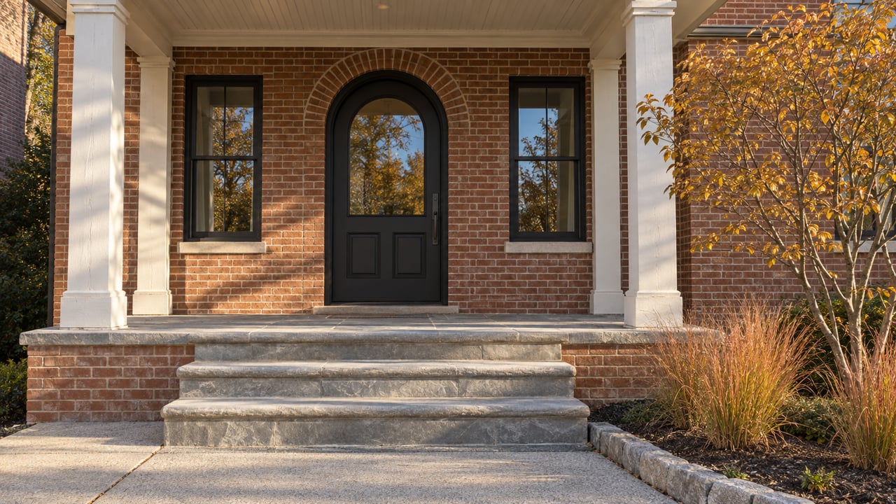 Sunlit brick home with a black arched front door, pale porch columns, worn sandstone steps and copper-colored autumn planting.