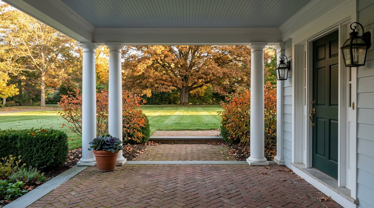 White columns frame a green door, brick porch, and golden oak across the lawn.