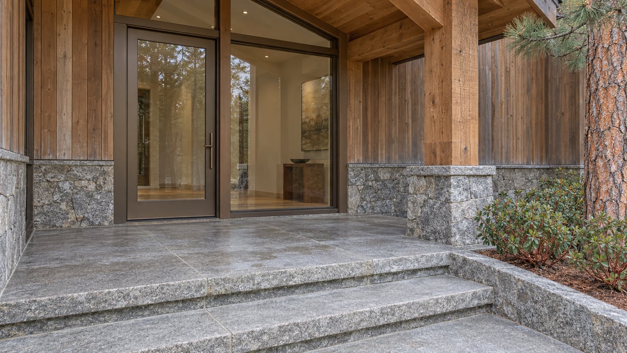 Cedar-clad home entrance with bronze-framed glass, timber overhang, granite steps and manzanita beside a pine trunk.