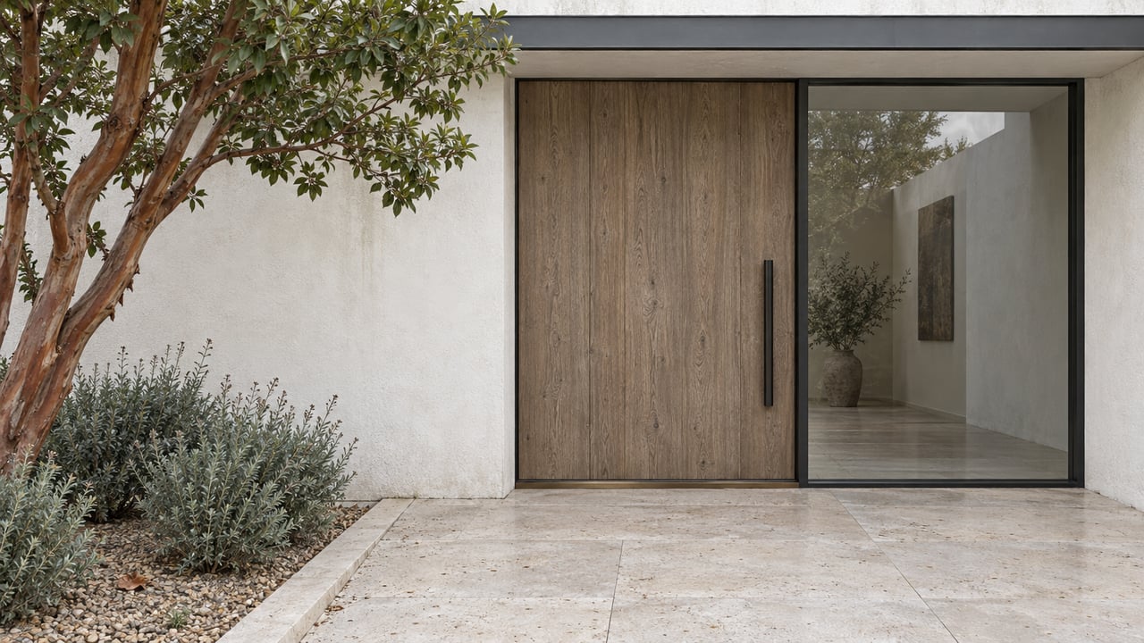 White stucco entrance with a weathered oak pivot door, steel-framed glass, limestone paving and a sculptural strawberry tree.