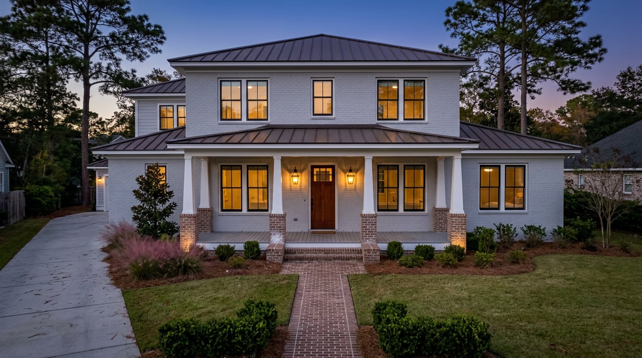 Two-story gray brick house with glowing windows, a centered porch, and a brick walkway through a pine-framed lawn at dusk.