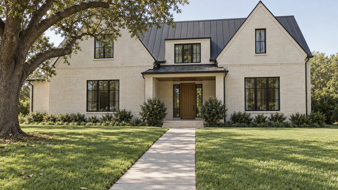 Ivory brick house with two gables, a recessed oak door, and a narrow walk crossing a broad lawn.