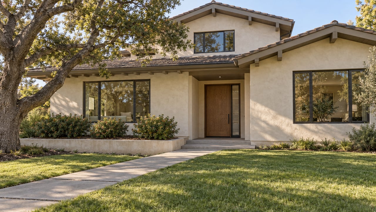 Warm afternoon light across an ivory stucco home with clay-tile gables, bronze-framed windows, and an established oak beside a deep front lawn.