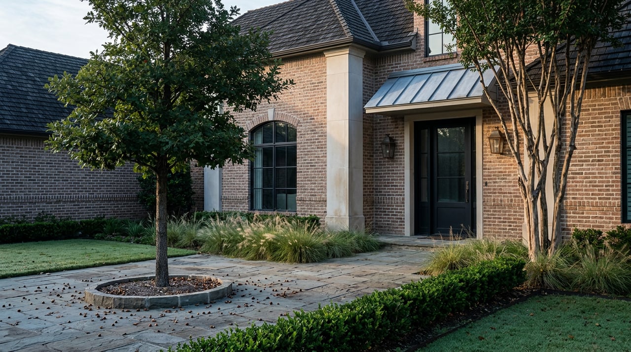 Brick house with arched window, recessed glass entry, oak tree, and flagstone motor court.