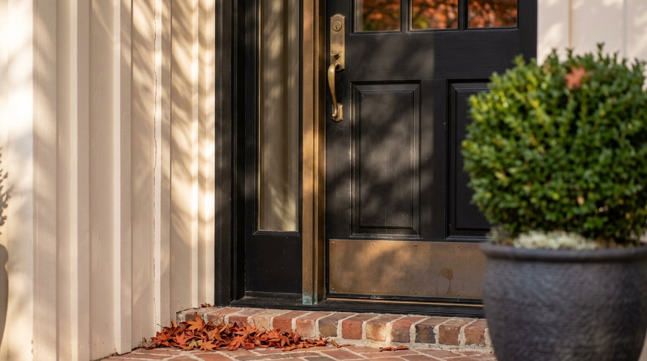 Matte black paneled entry door with brass hardware, beside a boxwood sphere in a charcoal urn.