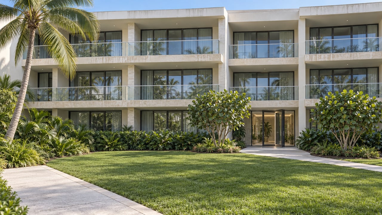 Three-story contemporary condominium with deep glass-fronted balconies, pale stone approach and a landscaped arrival garden.