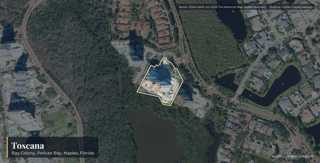 Aerial view of Toscana at Bay Colony, Naples, Florida, with its parcels outlined