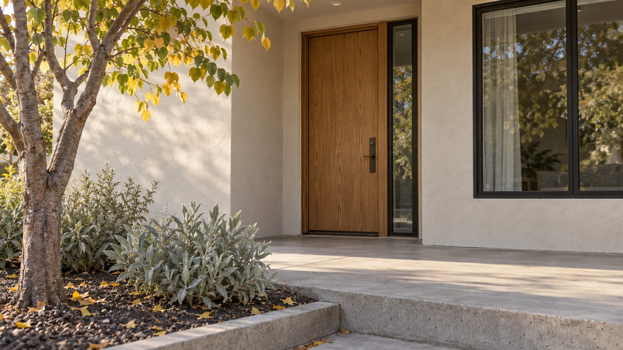 Recessed oak entry door beside a glazed sidelight and black-framed window, with silver-leaved sage below.