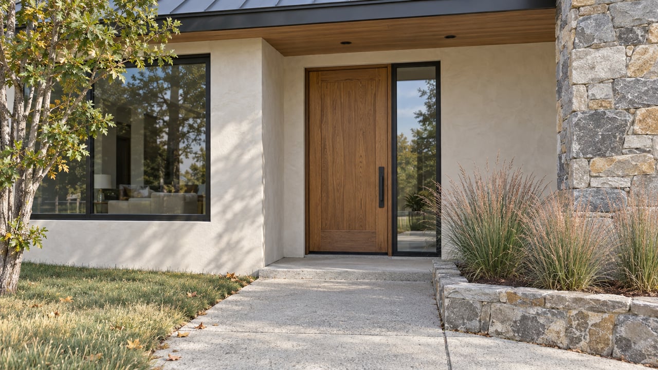 Recessed oak entry door beside a black-framed sidelight, with off-white stucco, stone pier, and grasses.