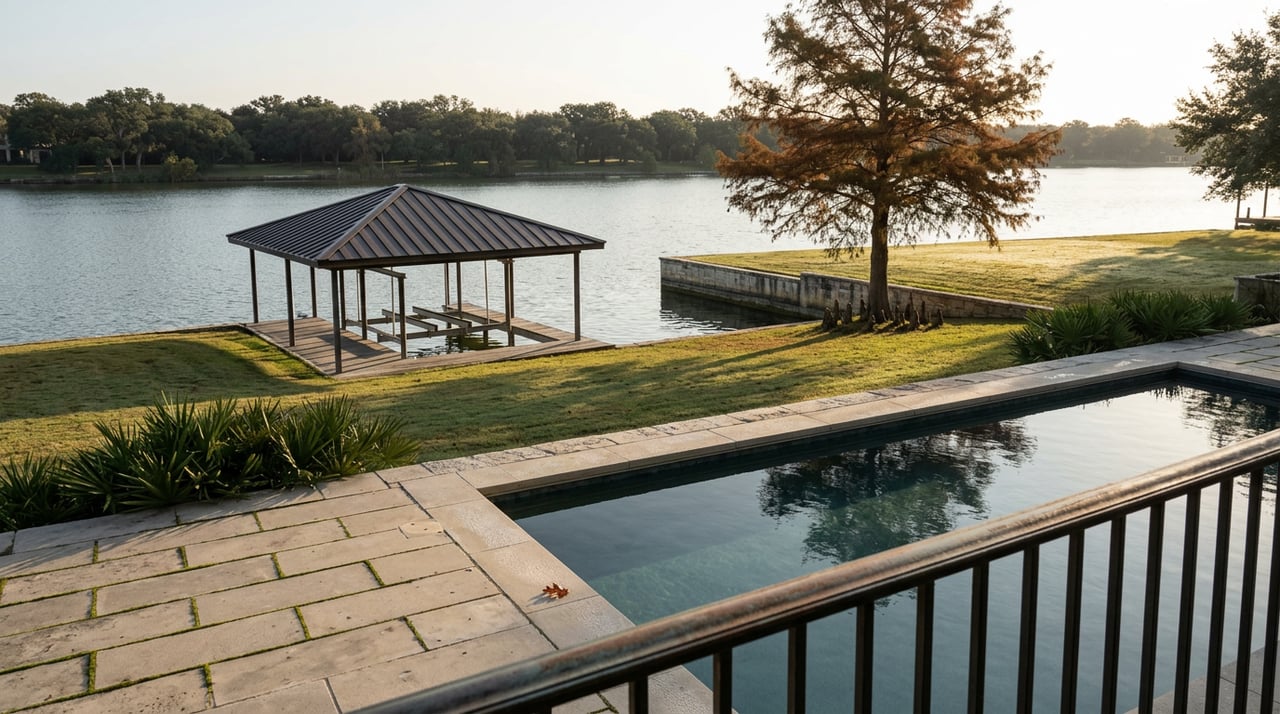 Lakefront grounds with a limestone terrace and pool above a sloped lawn, seawall, and covered boat slip.
