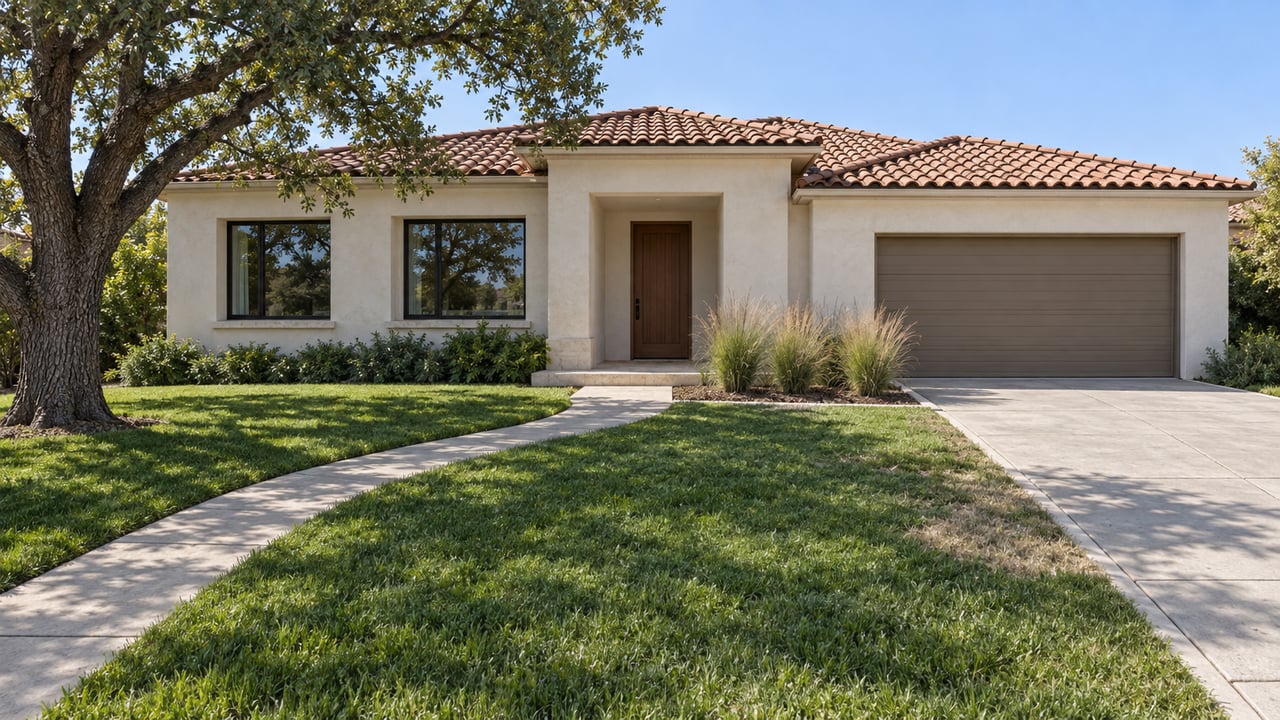 Single-story stucco home with a terracotta tile roof, broad front lawn, mature oak, and a curved concrete entry walk.