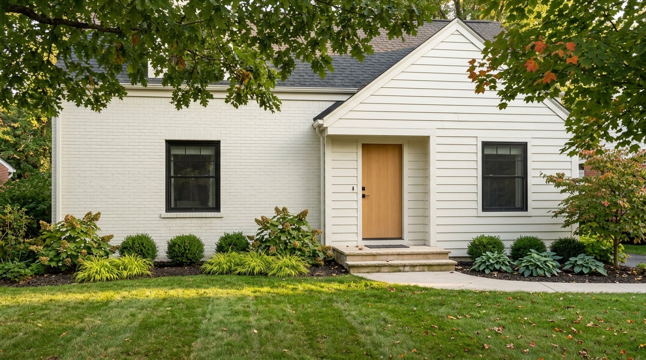 Two-story off-white home beneath mature trees, with a curved walk crossing a leaf-dotted lawn.