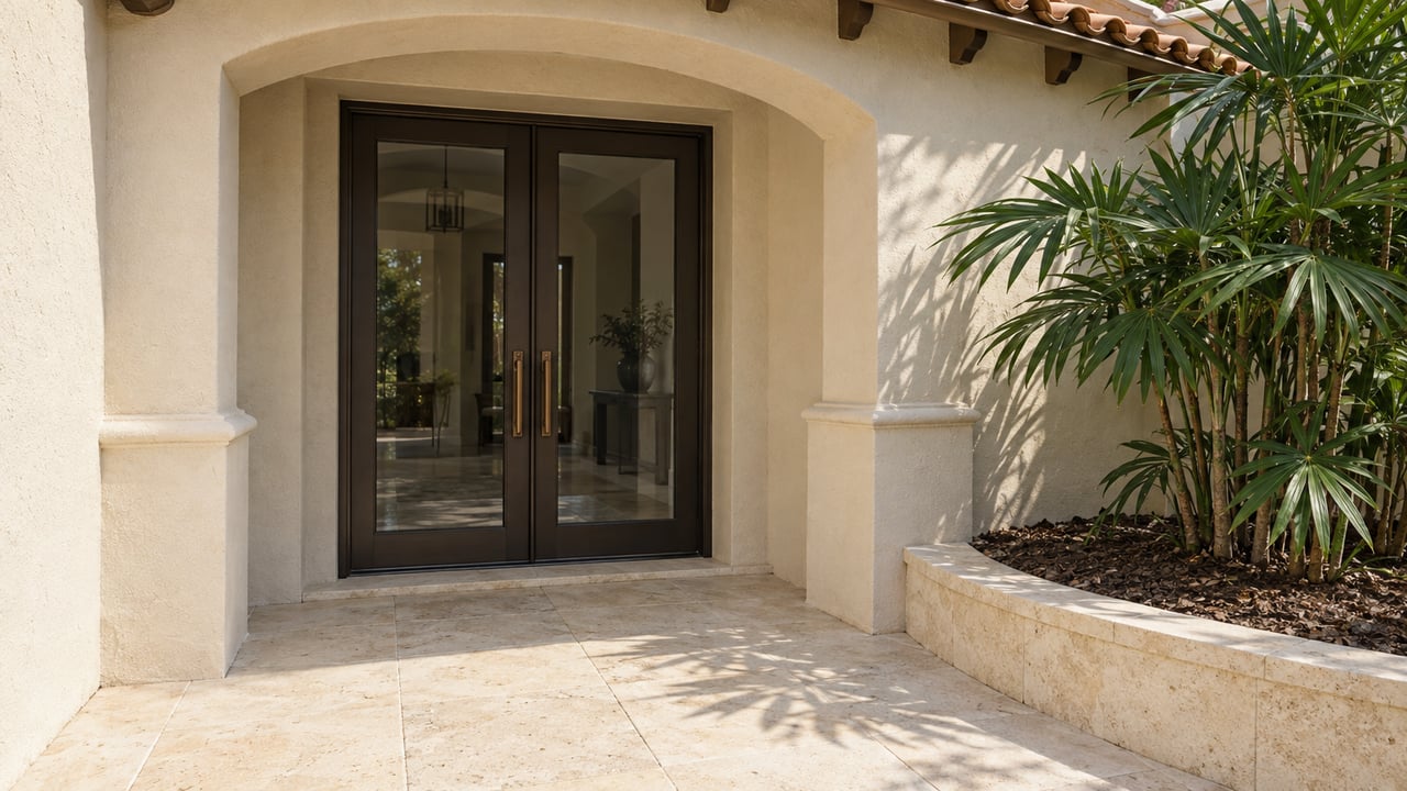 Sunlit pale-stucco entry with bronze-framed glass double doors, limestone paving and a fan palm in a raised stone-edged bed.