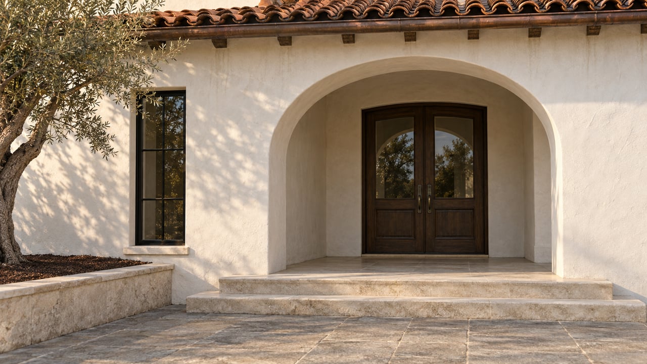 Sunlit white-stucco estate entrance with an arched recess, paired oak doors, aged clay roof tiles, limestone steps and a mature olive tree.
