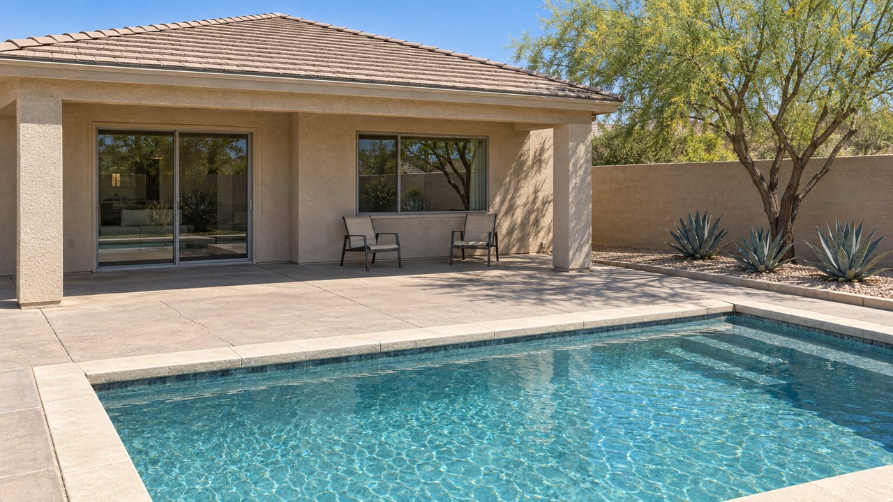 Elevated view of a sand-stucco home with a shaded patio, rectangular swimming pool and sculptural desert planting.