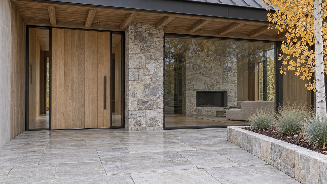 Timber-covered entrance with an oak pivot door, textured stone pier and sealed glass wall beside a limestone terrace and autumn aspen tree.