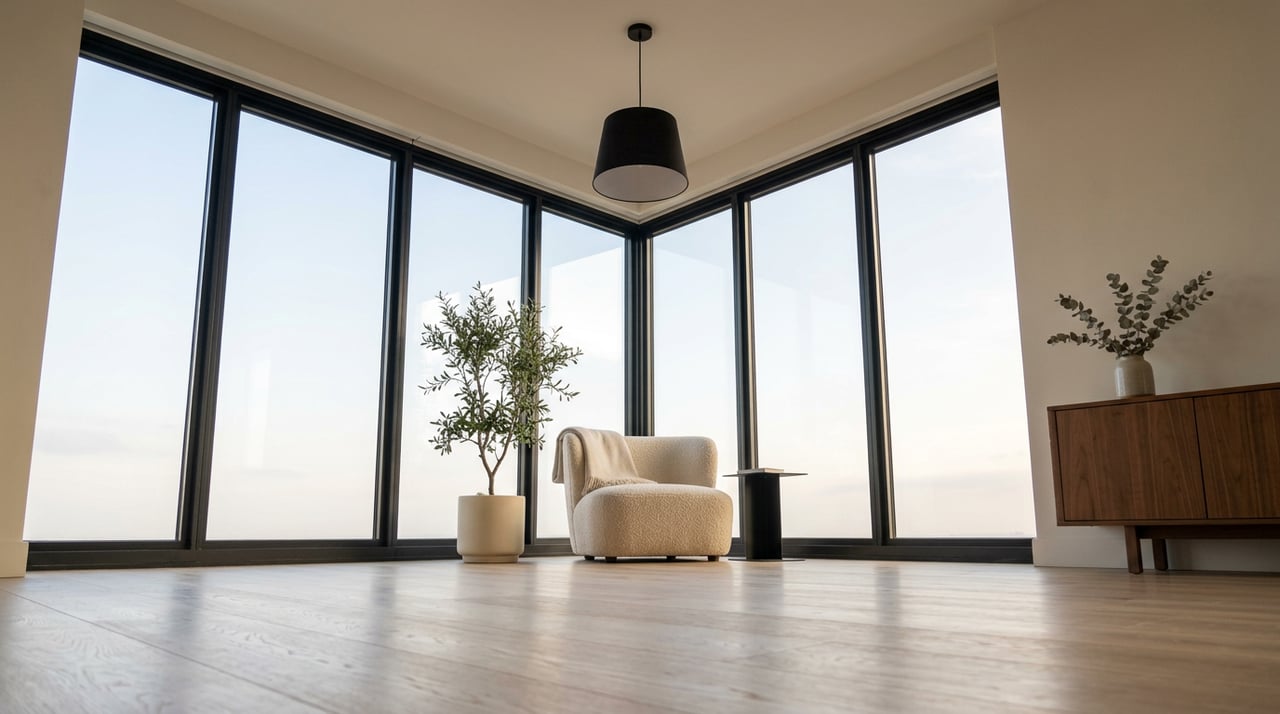 Living room with floor-to-ceiling corner windows, a cream lounge chair, olive tree, and wide-plank oak flooring.