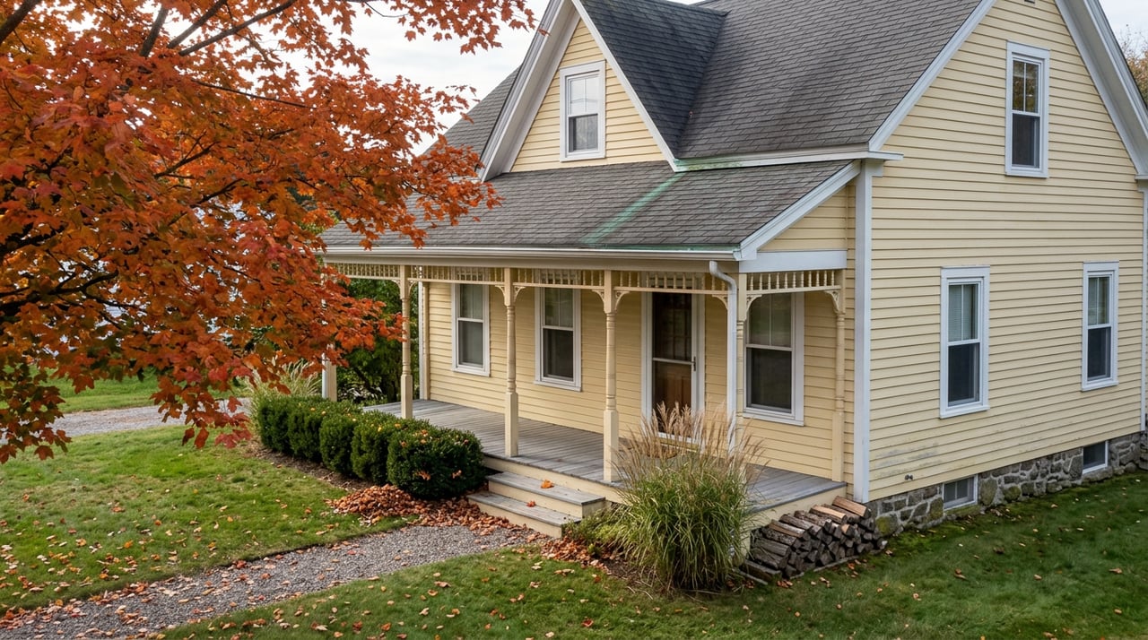 Butter-yellow gable-front house with a turned-post porch, framed by an orange-red maple and a leaf-strewn gravel path.