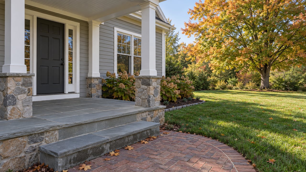 Home entrance with stone porch steps, a curved brick walkway, and autumn trees.