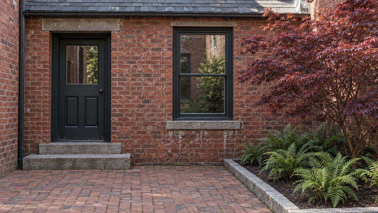 Red-brick residential courtyard entrance with a slate roof, worn granite steps and a burgundy Japanese maple.