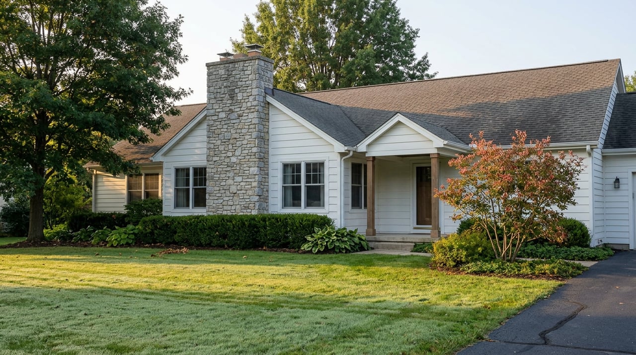 Gabled white-sided home with stone chimney, multi-pane windows, mature oak, and dew-covered lawn.