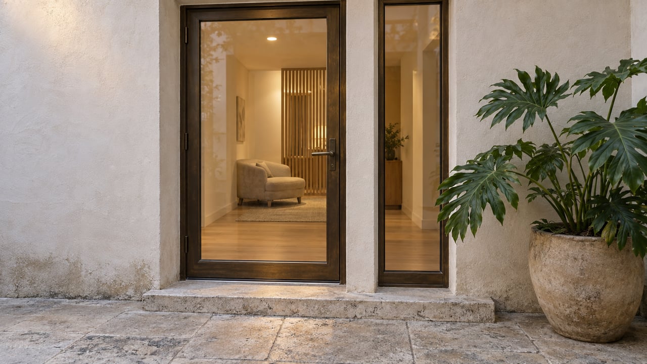 Evening light on a warm-white apartment entrance with bronze-framed glass, limestone paving, and a sculptural split-leaf philodendron.