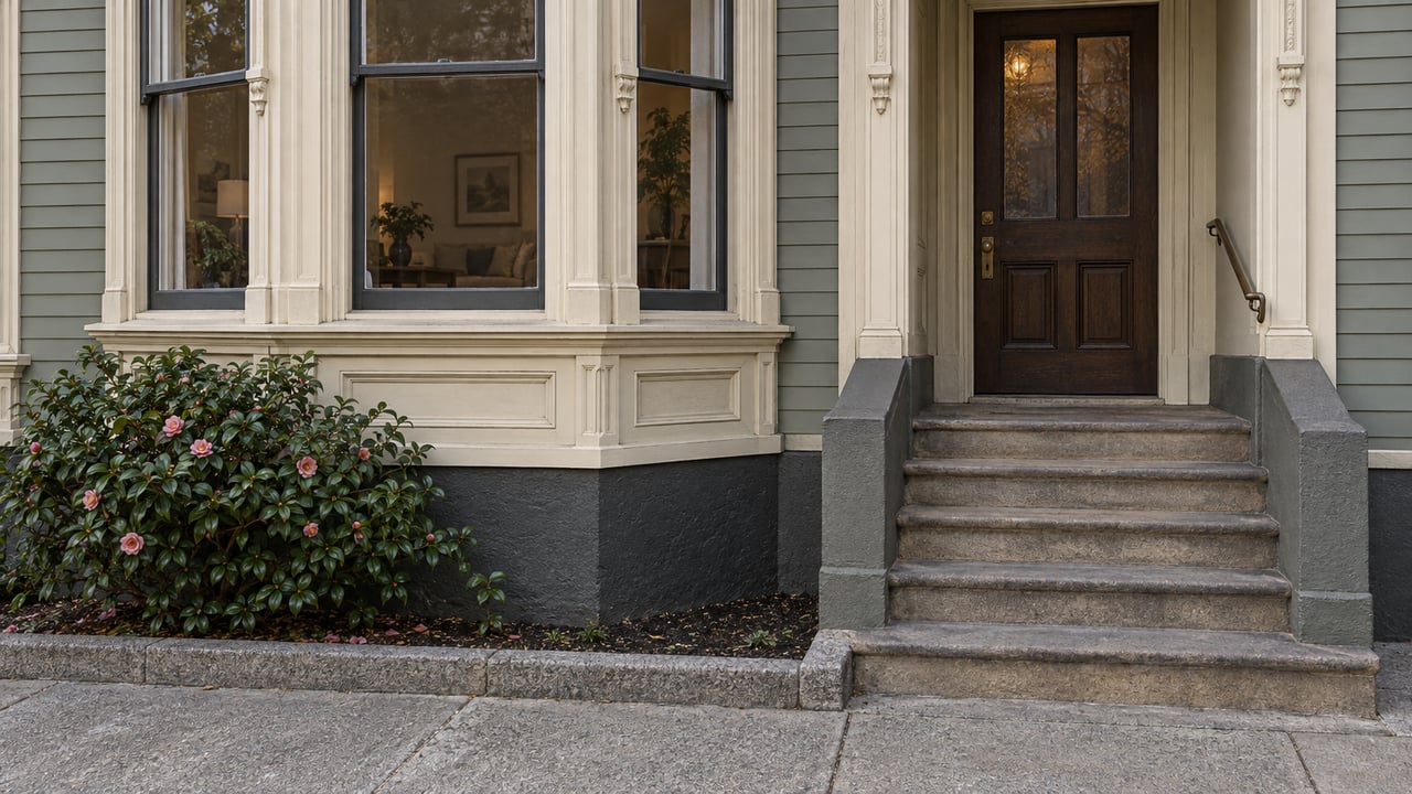 Gray-green wood facade with ivory bay-window trim, a recessed oak door, worn stone entry steps and one camellia beside the sidewalk.