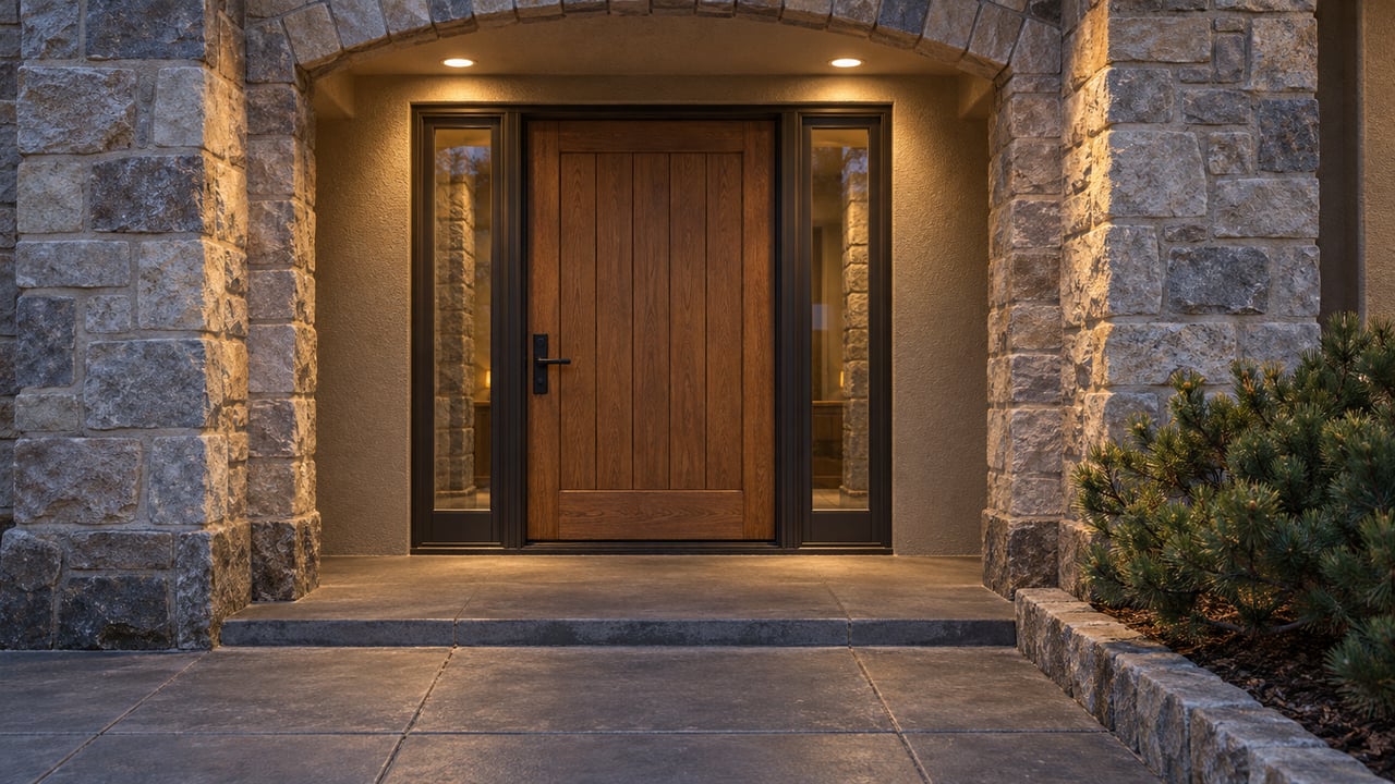 Sheltered oak front door with paired sidelights, gray-beige stone arch, and a sculptural dwarf pine at blue hour.
