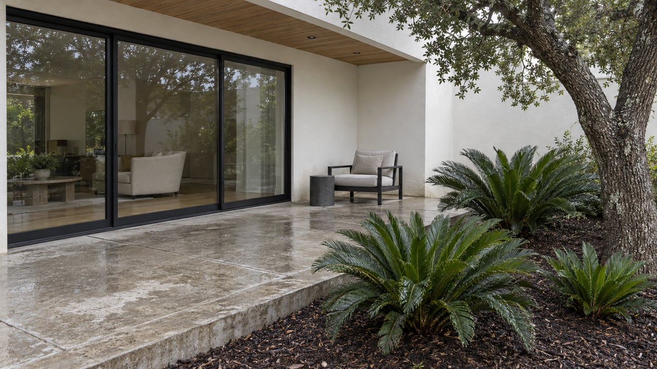 A white stucco home’s covered terrace with black-framed glass doors, a single outdoor chair, and coontie planting beside a live oak.