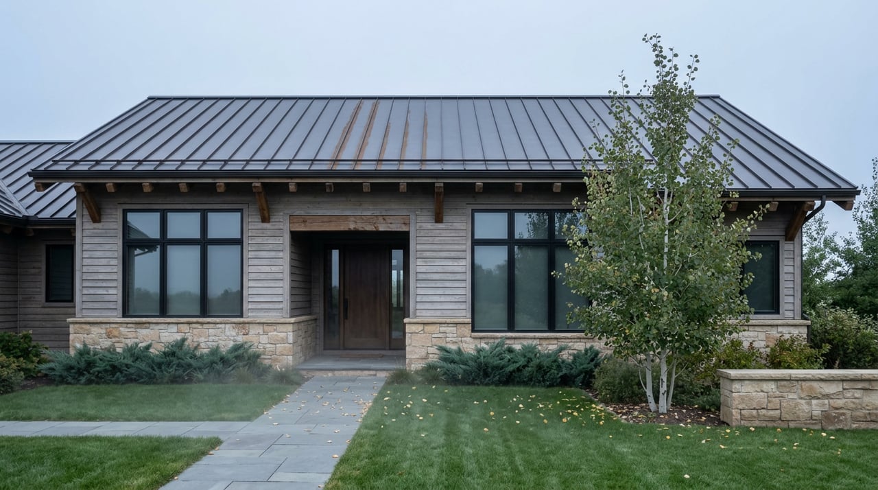 Silver-gray cedar and buff stone house with a dark metal roof, timber entry, and aspen beside a broad lawn.