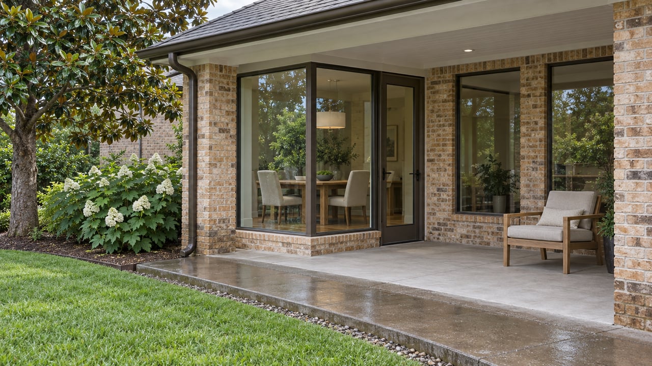 Covered brick patio with bronze-framed breakfast-room windows, an oak lounge chair and rain-darkened concrete beside a magnolia.