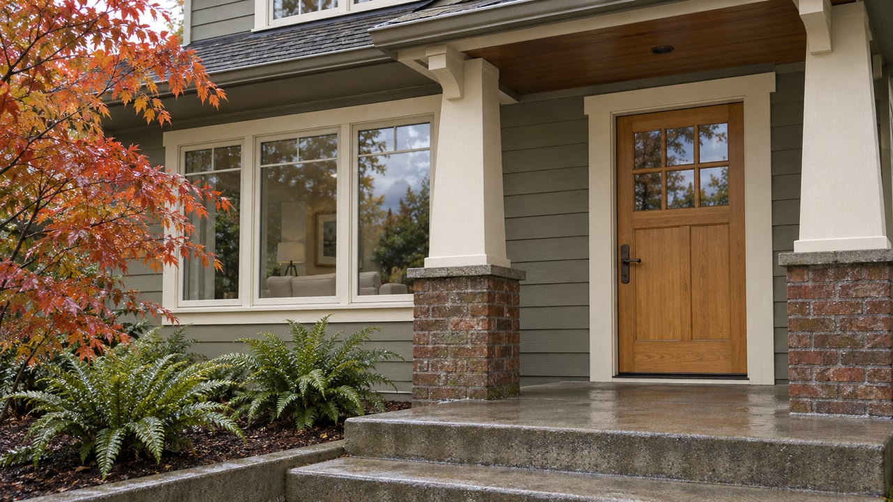 Olive-gray house entry with a glazed fir door, cream trim, brick porch supports and autumn vine maple beside damp concrete steps.