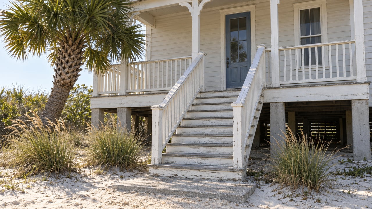 Raised coastal cottage with weathered white siding, blue-gray entry door, timber stairs, palmetto, and beach grass.