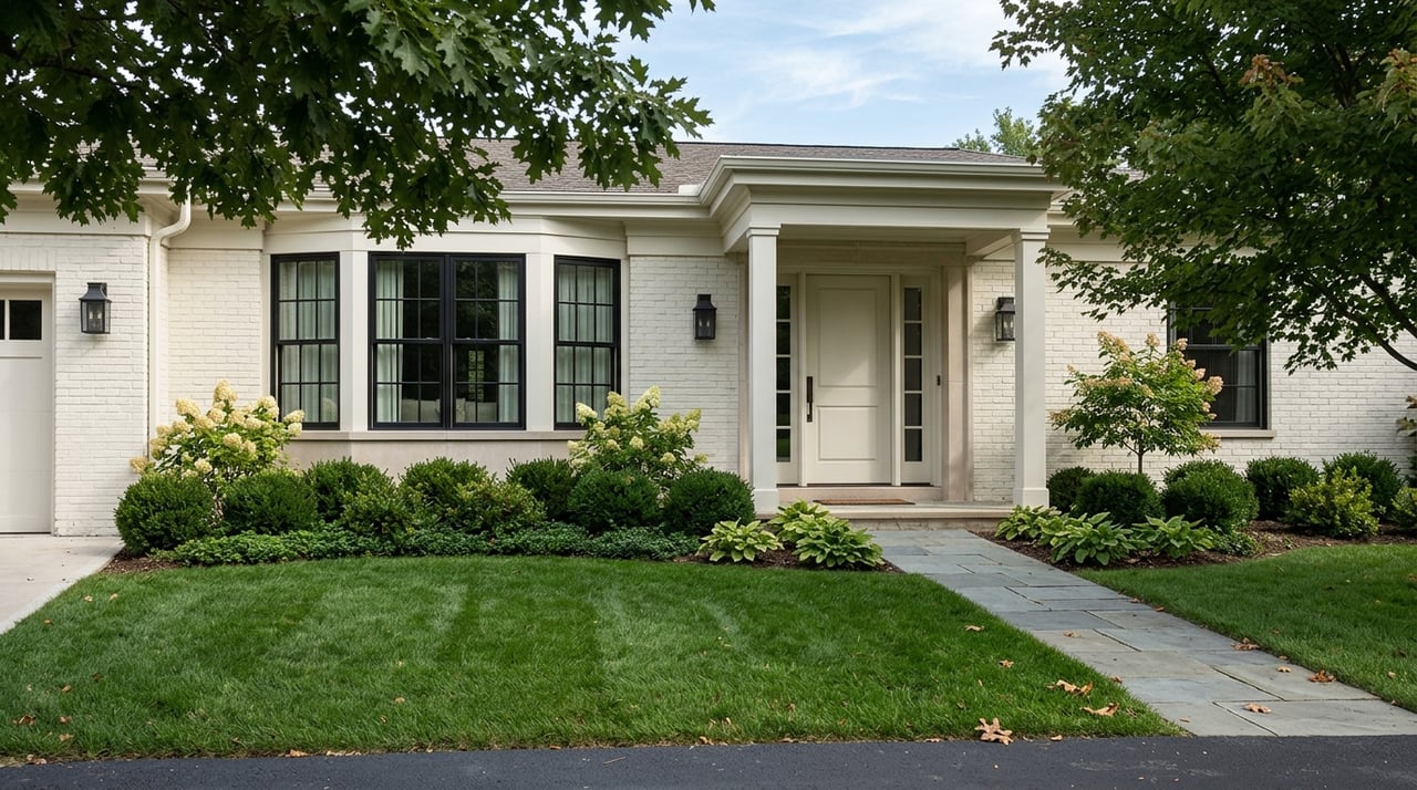 Updated home facade beyond a front lawn, with a bluestone walk beneath mature trees.
