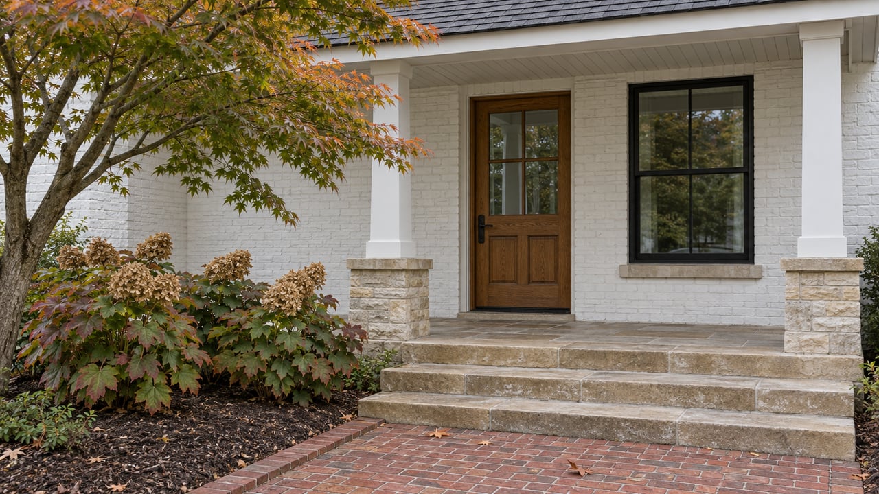 White-painted brick home with an oak front door, covered limestone porch, brick walk and copper-tinged maple leaves.