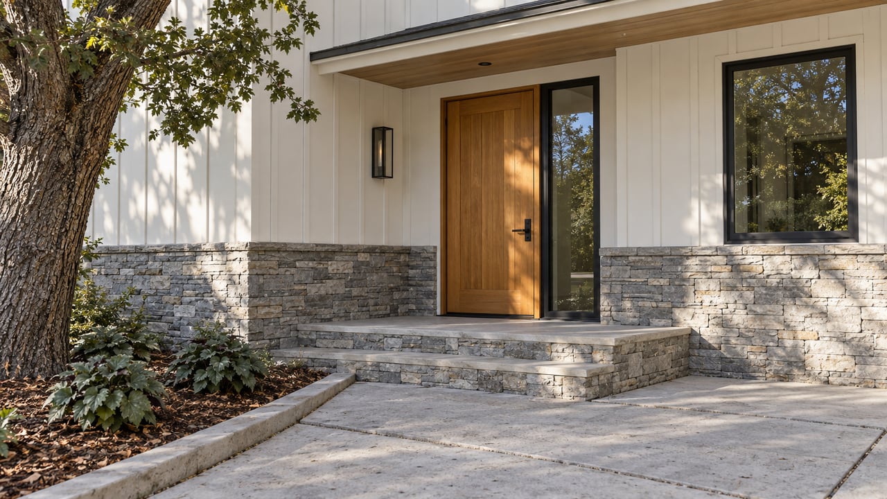 Sunlit cedar entry door and black-framed glazing above a weathered gray stone base, with pale concrete steps and an oak at the edge of the frame.