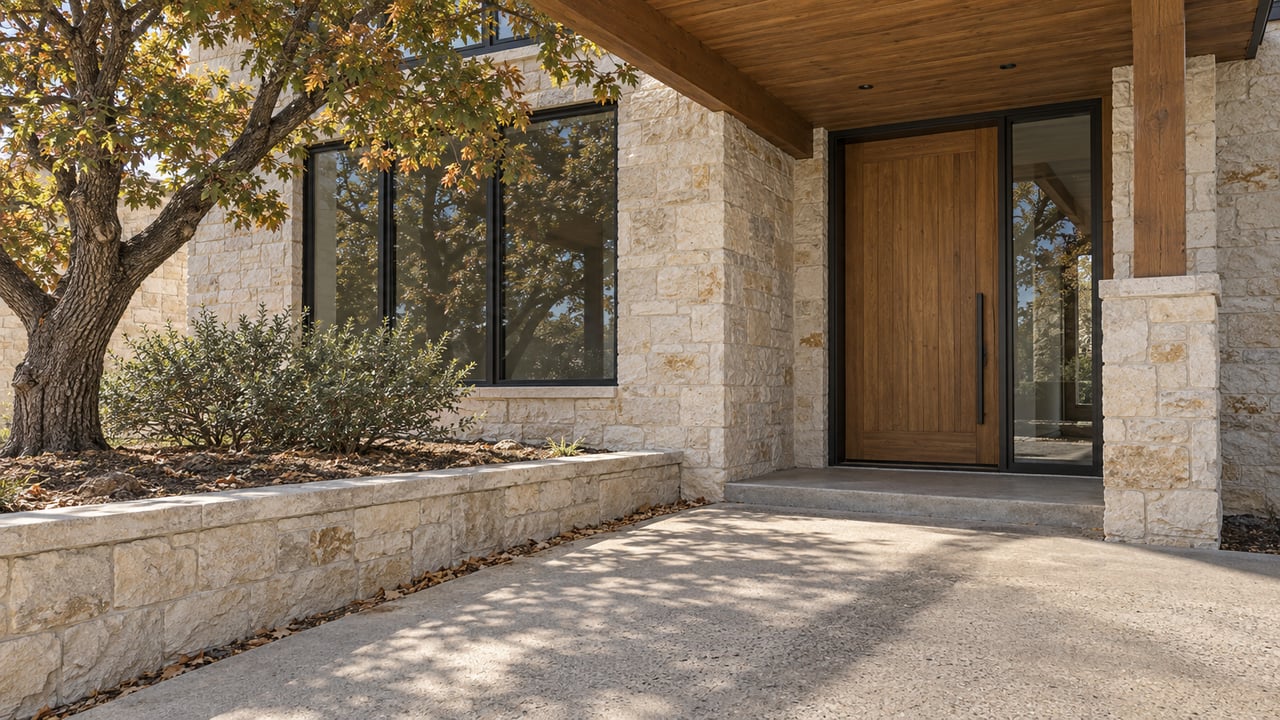 Foothill home with a recessed wood entry, limestone facade, timber canopy, and oak beside the terrace.