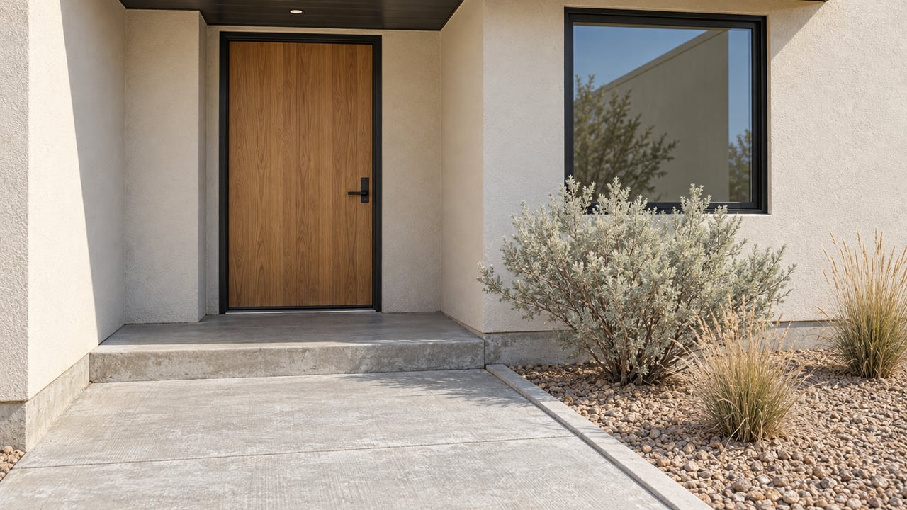 A recessed oak front door and black-framed window above a concrete approach, beside silver sagebrush and tawny Indian ricegrass in a gravel bed.