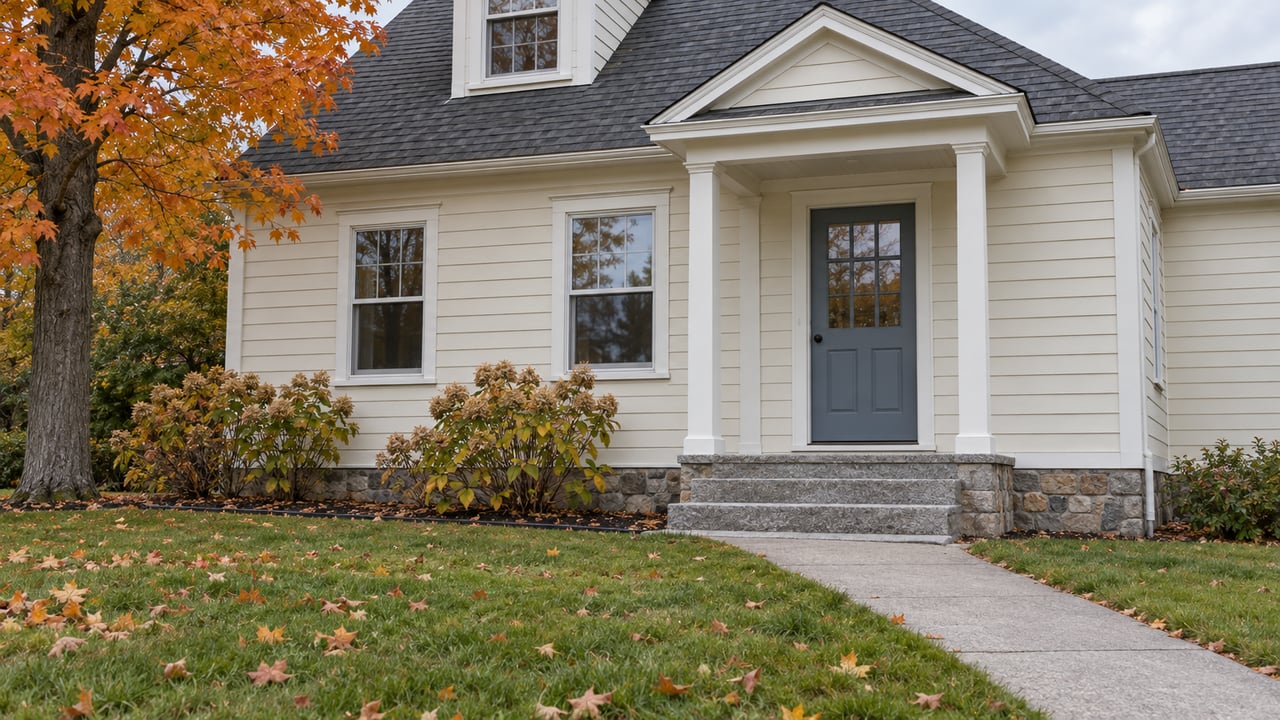 Cream clapboard home with a blue-gray front door, granite steps and an autumn lawn beneath a sugar maple.