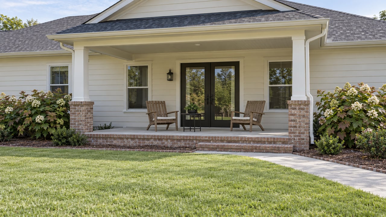 A light-sided single-story home with a covered back porch, wood chairs, and a neatly maintained lawn.