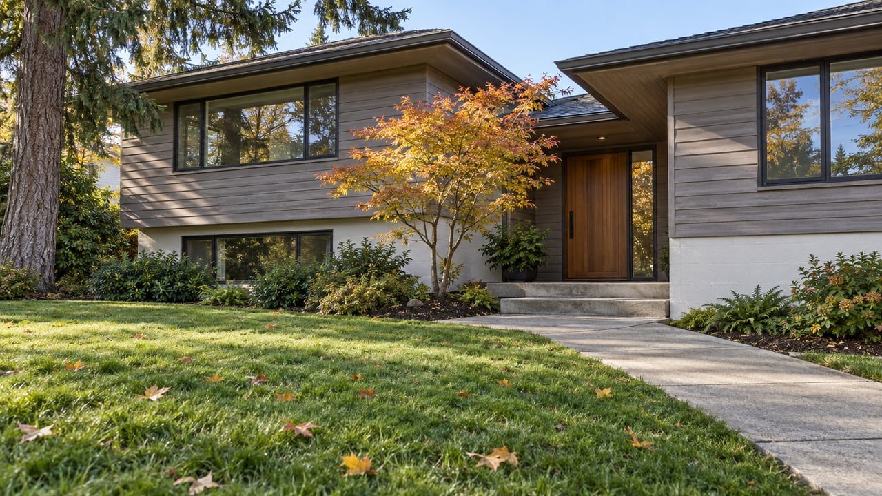 Modern two-story home with gray siding, a wood entry door, and a landscaped front lawn.