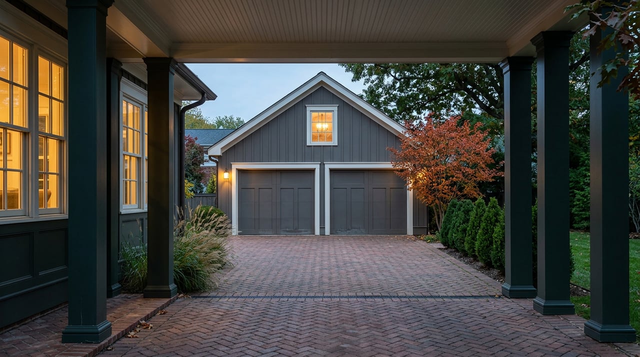 Brick court framed by green columns faces a detached garage with a glowing multi-pane window.