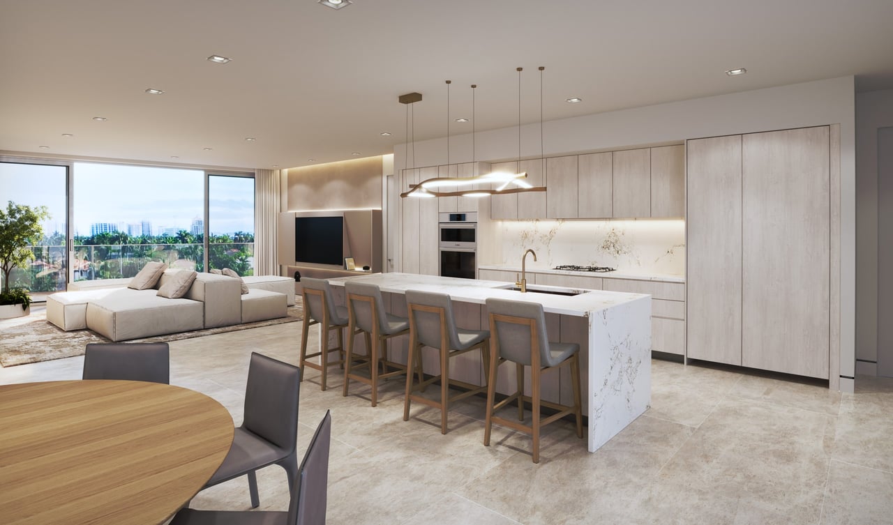 Rendering of kitchen and dining area at Lumière on Hendricks Isle in Fort Lauderdale.